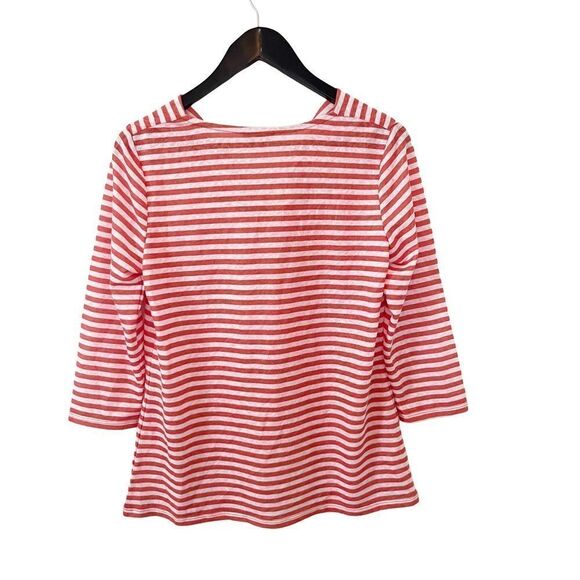 W. Lane Deep Orange White Stripe Linen 3/4 Sleeve Cowl Neck Shirt - Picture 7 of 13